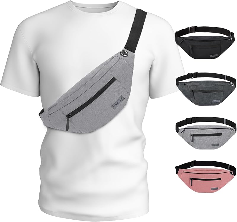 MAXTOP Large Bumbag Waist Fanny Pack with Headphone Jack 4 Pockets Grey