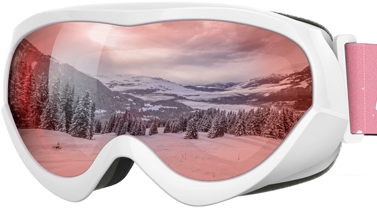 OutdoorMaster Kids Ski Goggles, Snow Goggles for Boys & Girls with 100% UV Protection - VLT 28% White Frame Rose Red Lens Image