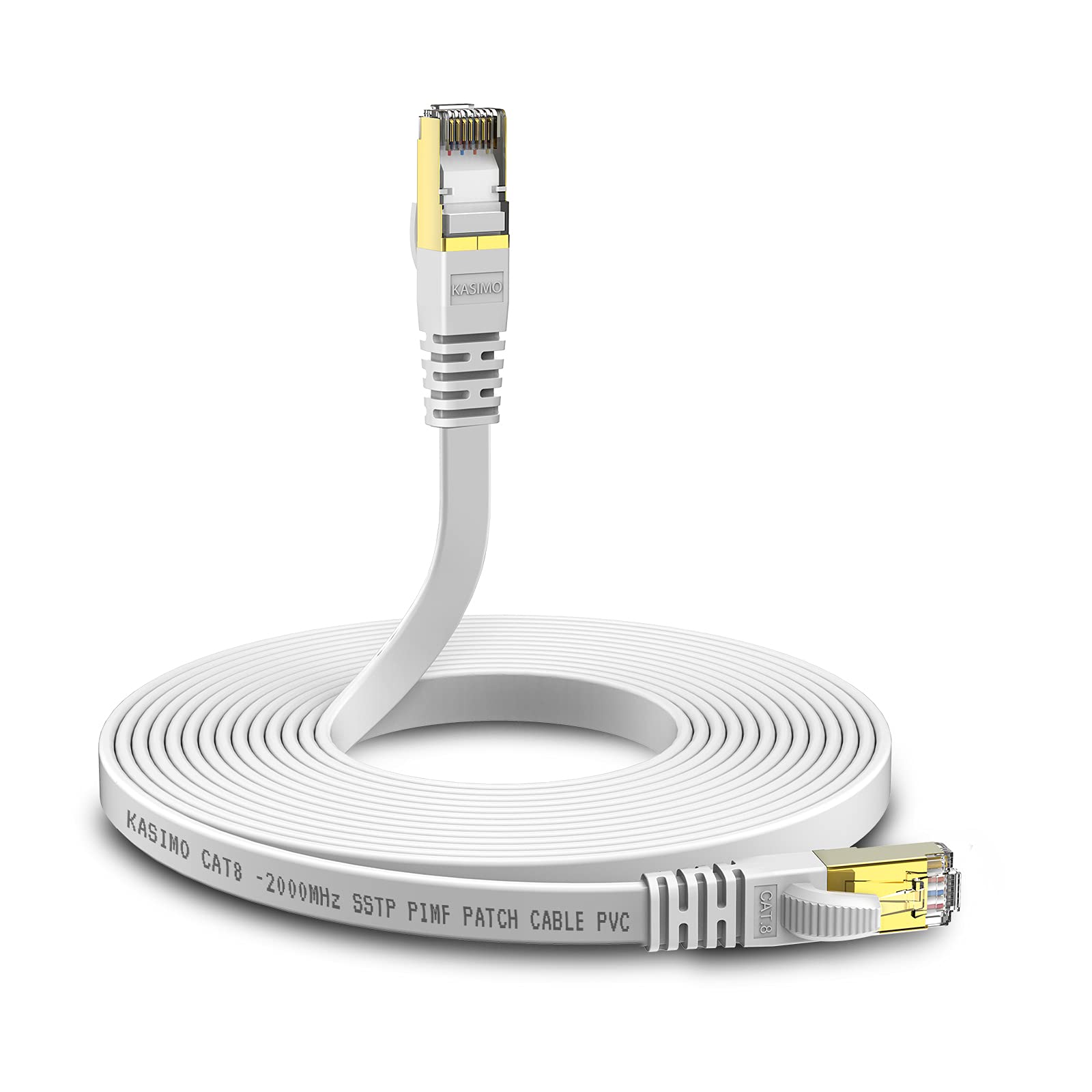 KASIMO Cat 8 Flat Ethernet Cable 2M Cat8 Internet LAN Cable 40Gbps 2000MHz High Speed Network Patch Cable White SSTP Ethernet Cord with RJ45 Gold Plated Connector for Router Modem Switch Gaming