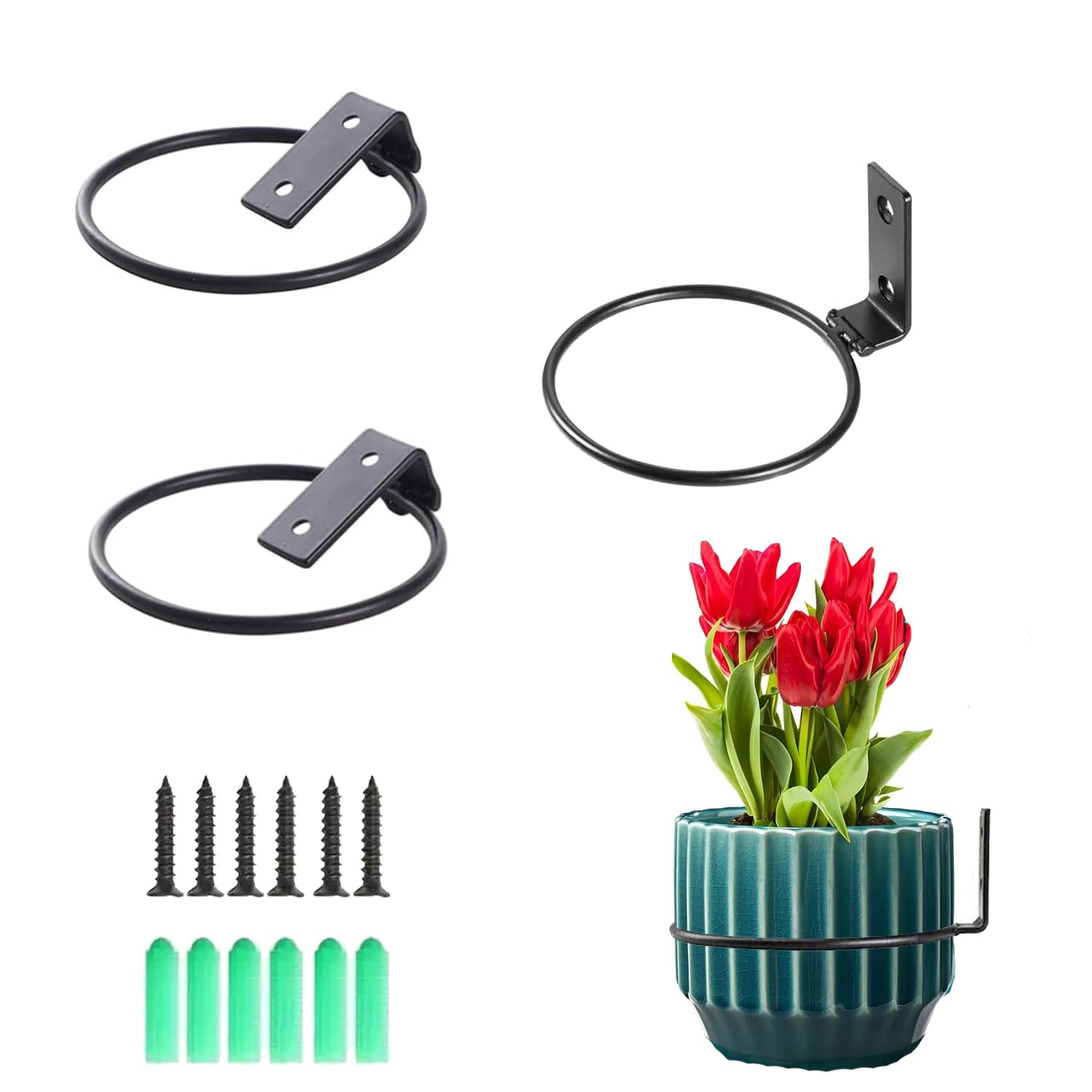 Ompinda Flower Pot Holder Ring, 3 Pack Collapsible Metal Wall Mounted Metal Planter Hangers Ring with Screws for Indoor Use and Outdoor Garden Decor (4 inch)