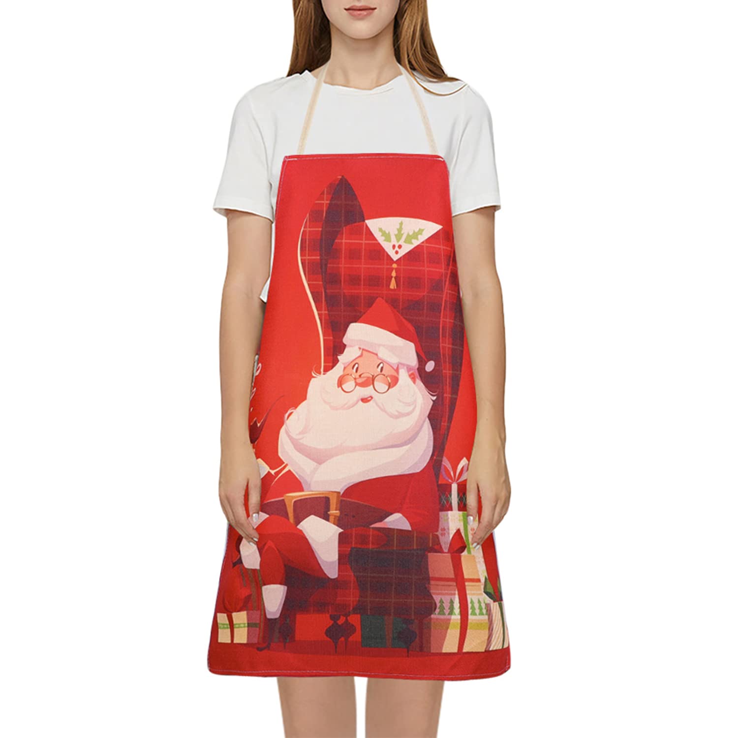 Adult Christmas Aprons Santa Claus Apron Adjustable Kitchen Aprons Funny Cartoon Baking Apron Cotton and Linen Aprons for Women Men Xmas Party Chef Cooking Restaurant Baking BBQ Dinner Party Supplies