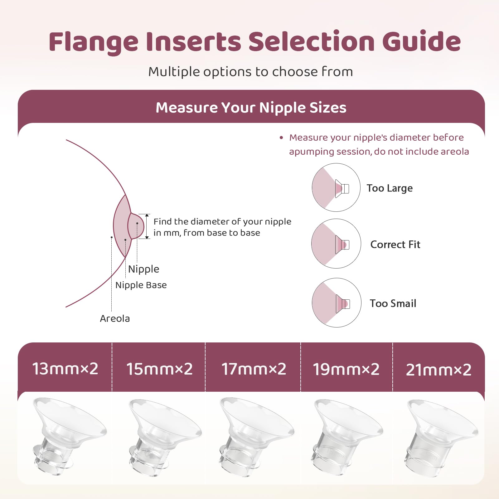 Nursi Luna Flange Sizing Kit 3 in 1 with 10PCS Flange Inserts 13/15/17/19/21mm, Silicone Flanges Insert Kit for 24mm Flange/Shield, Pumping Essentials Kit for Moms