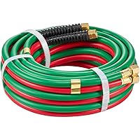 VEVOR 25FT x 1/4-inch Oxy Acetylene Hose, T Grade Rubber, 300PSI, Green, 25FT Twin Welding Hose, 9/16"-18 B Fittings, Compati