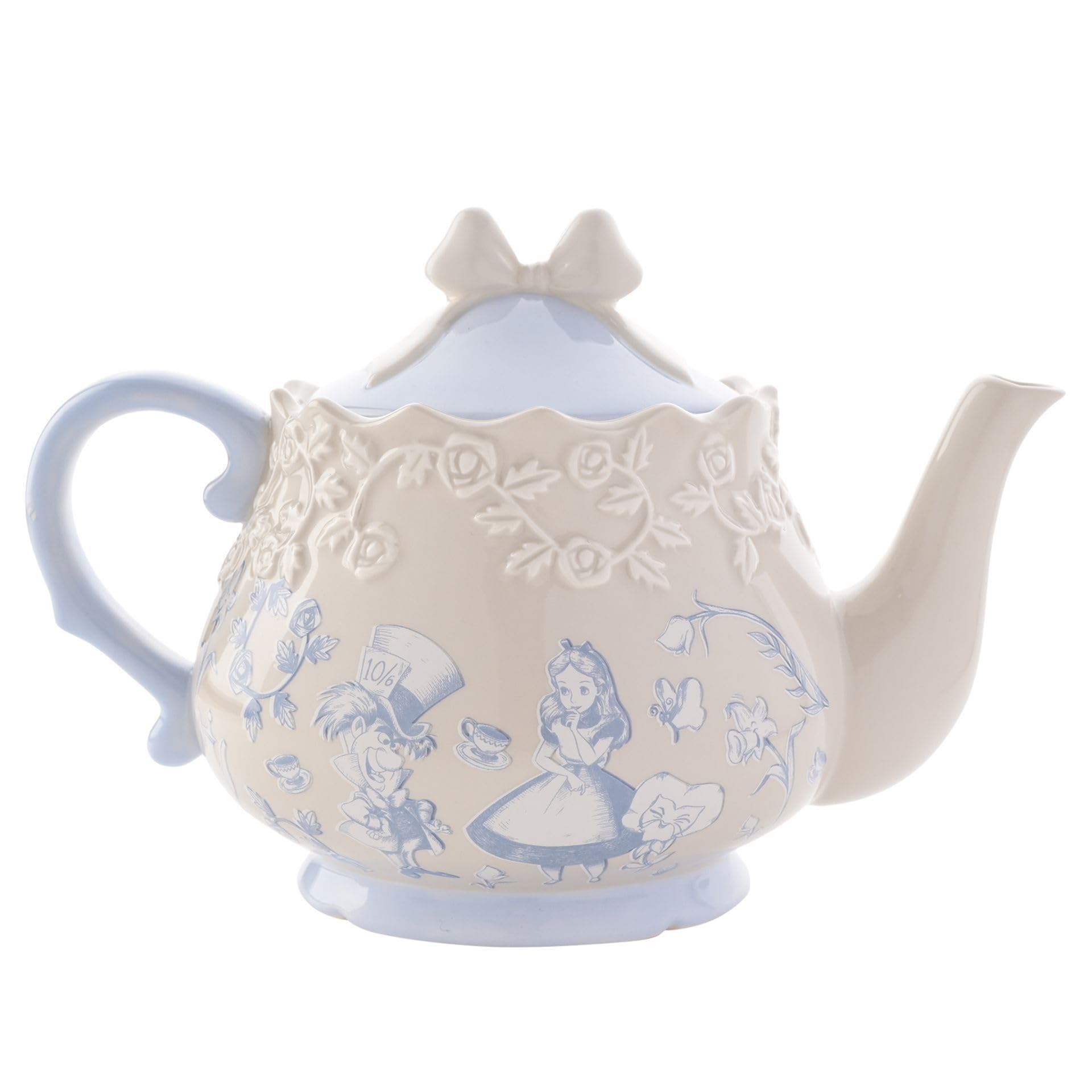 Disney - Alice in Wonderland - Ceramic Teapot - Alice, Mad Hatter & Roses Motif - Decor and Homeware for Garden Party Decorations, Hosting, Serving & Dining. H:16cm x W:22cm x D:16cm