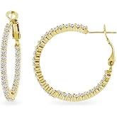 Sterling Silver Cubic Zirconia Round Thin Delicate Inside-Out Clutchless Hoop Earrings, 33mm