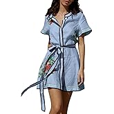 CHARTOU Women's Floral Linen Button Down Wrap Tie Knot Boho Beach Shirt Dress with Belt