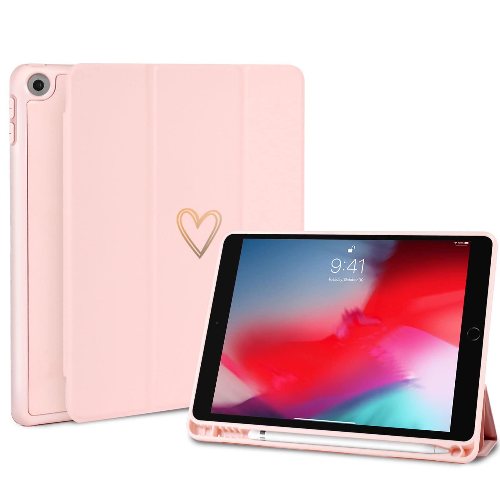 Fycyko Compatible with iPad 10.2 Inch Case, iPad 9th/8th/7th Generation 2021/2020/2019 Case with Pencil Holder & Tip Cover, Women Girls Heart Pattern Protective Case for iPad 10.2 Inch, Pink
