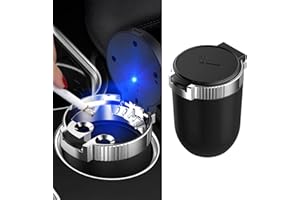 QBOONPT Car Ashtray with lid Smell Proof, Smoke-free portable mini car trash can with LED Blue Light,Removable Stainless Steel Car Cup Holder Universal Car Interior Accessories(Silver)