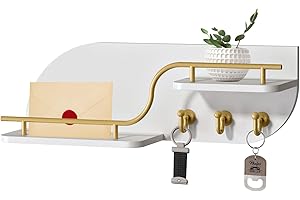 Karisky Key Holder for Wall, Decorative Key and Mail Organizer with 3 Metal Hooks and 2 Shelves, Wood Wall Mounted Key Rack for Entryway, White