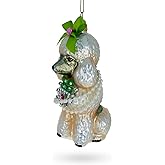 Elegant Poodle with Green Bow Blown Glass Christmas Ornament