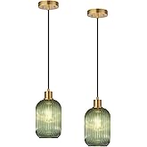 2 Pack Pendant Lights with Vintage Green Ribbed Glass Lampshade, Adjustable Brushed Gold Pendant Lights Fixtures for Kitchen 