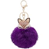 HOYUNLA Rabbit Fur Ball Pom Pom Keychain with Fox Head Inlay Pearl Rhinestone for Women Backpack Car Key Chain Decoration