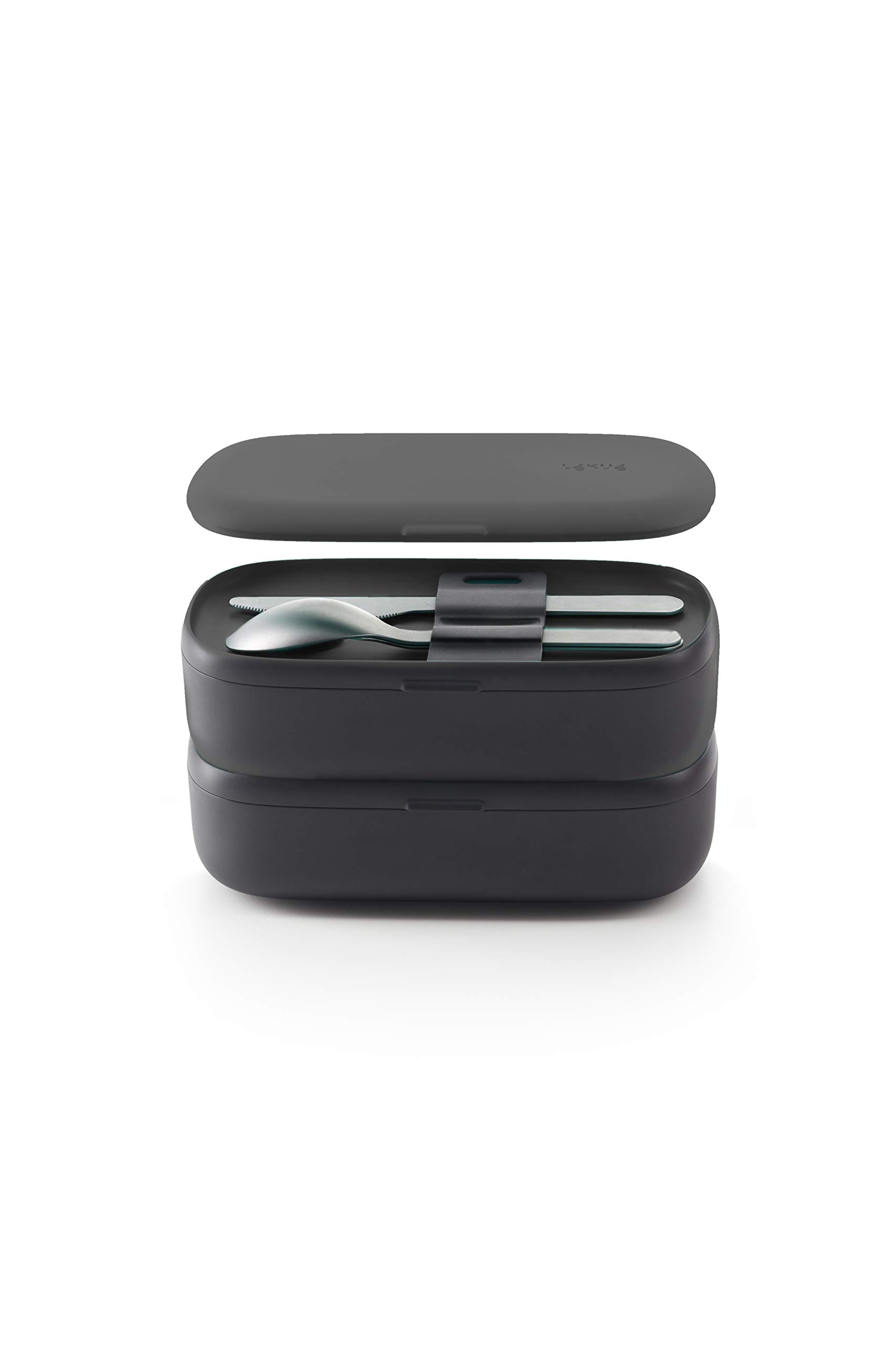 Lékué Lunch Box with Cutlery, Black, 19x10x11 cm