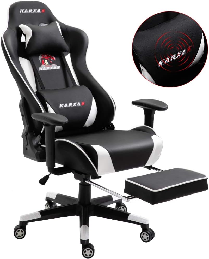 KARXAS Gaming Chair Office Chair High Back Ergonomic Computer Chair PU Leather Massage PC Chair with Footrest Racing Style Reclining Desk Chair for Adults (White)