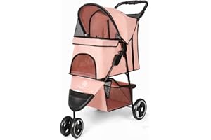 RULTYN Pet Dog Stroller, 3 Wheel Cat Dog Stroller with Storage Basket and Cup Holder for Small and Medium Cats, Dogs Travel Folding Carrier Stroller (Pink)