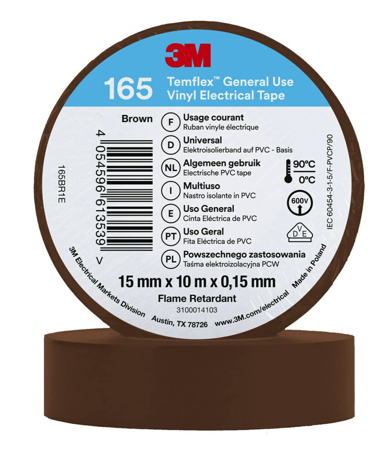 Temflex 3M Vinyl Electrical Tape 165, Brown, 15 mm x 10 m, 100 Rolls/Case
