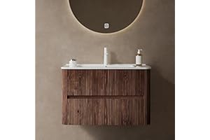 RAINLUX 30" Floating Bathroom Vanity with Sink, Wall Mounted Modern Bathroom Cabinet with 2 Soft Close Drawers, Oak & Plywood, Pre-Assembled with Integrated Ceramic Basin – Bruges, Retro Walnut
