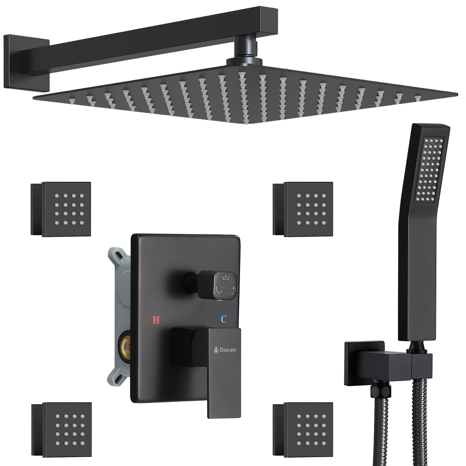 Photo 1 of Full Body Rain Shower System with 4 Body Shower Jets & 12’’ Wall Mount Rainfall Shower Head & Handheld, DASAN Multi Shower Head System Matte Black Rain Shower Faucets sets Combo with Rough-in Valve