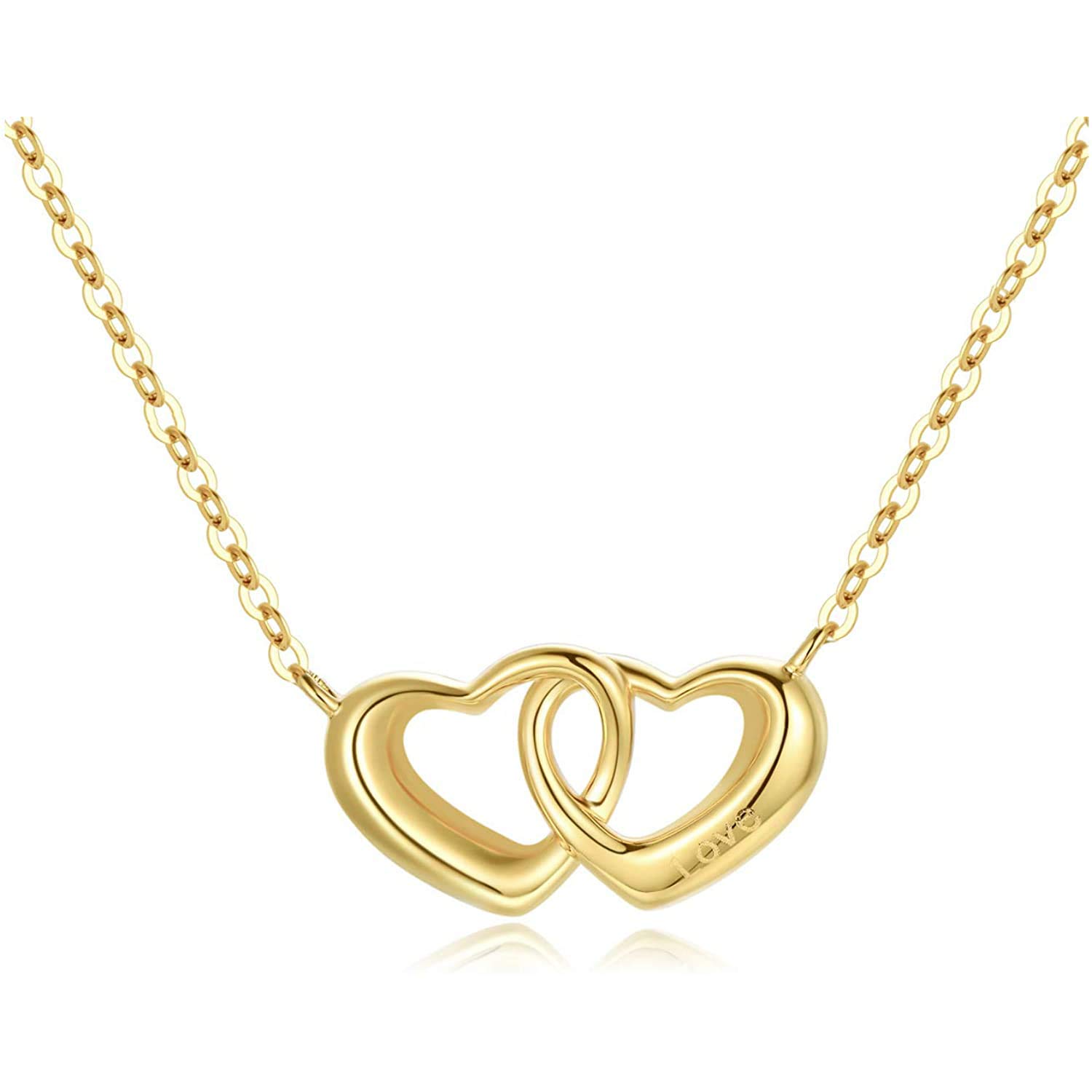 SISGEM 9 ct Women's Gold Necklace, Solid Gold Double Heart Pendant with Engraving Love, Gift for Her Mum Sister Friends, 16+1+1inch