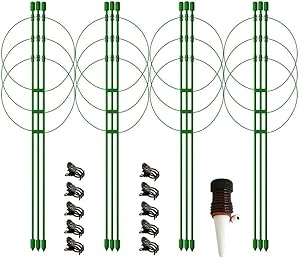 4 Pack 18" Plant Cages Supports with Adjustable Rings, 10 Plant Clips and 1 Self Watering Spike, Garden Tomato Cages, Balcony Plant Support Stakes,Plants Round Hoops Cage for Tomato, Rose, Vine