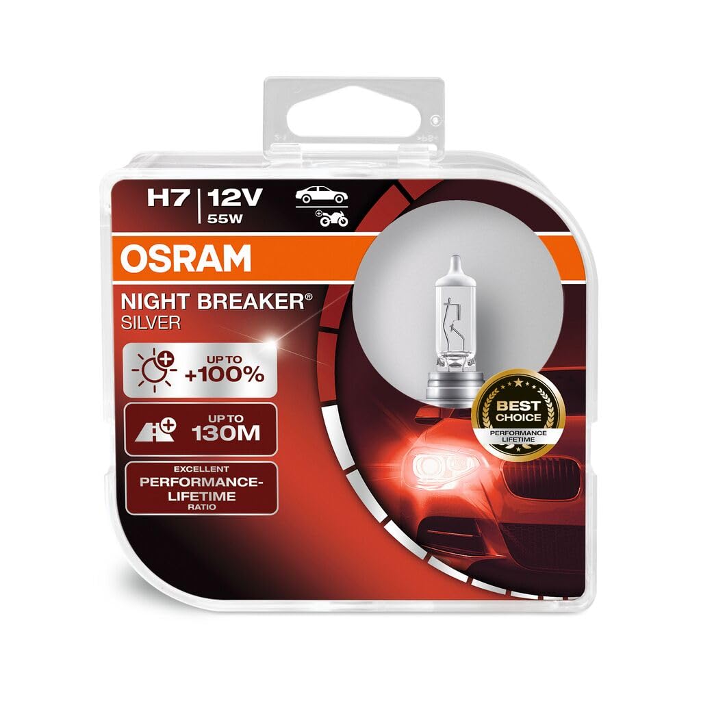 OSRAM NIGHT BREAKER SILVER H7, +100% more brightness, halogen headlamp, 64210NBS-HCB, 12V, passenger car, duo box (2 lamps)