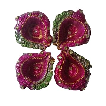 AccessHer Diwali Diyas for Decoration - Pack of 4 Large Size Clay Diyas Handmade and Handpainted Decorative Terracotta Diyas