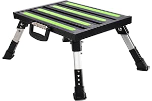 Homeon Wheels RV Step Stool, Adjustable Height Folding Aluminum Platform, Non-Slip Rubber Feet, Reflective Stripe, Handle, RV T Level, 1000 lbs, 16.5" x 12.2", for Trailer, Truck, Outdoor Use, Black