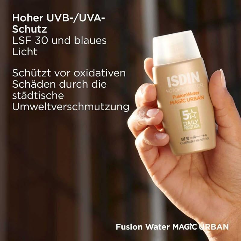 Isdin fotoprotetor fusion water urban fps 30 - protetor solar facial ultraleve de uso diário para ambientes urbanos, proteção uva, luz azul e antipoluição, 50 ml