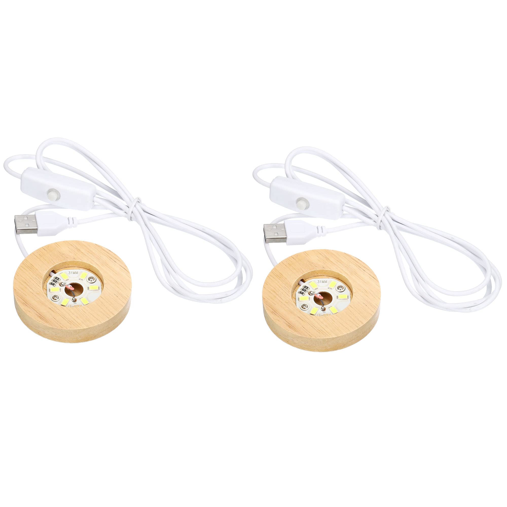 PATIKIL Wooden LED Light Base Stand, 2 Packs Round Wooden 2.56" Dia White Lights Display Pedestals for Crystal Glass Art Decorations, Wood Color