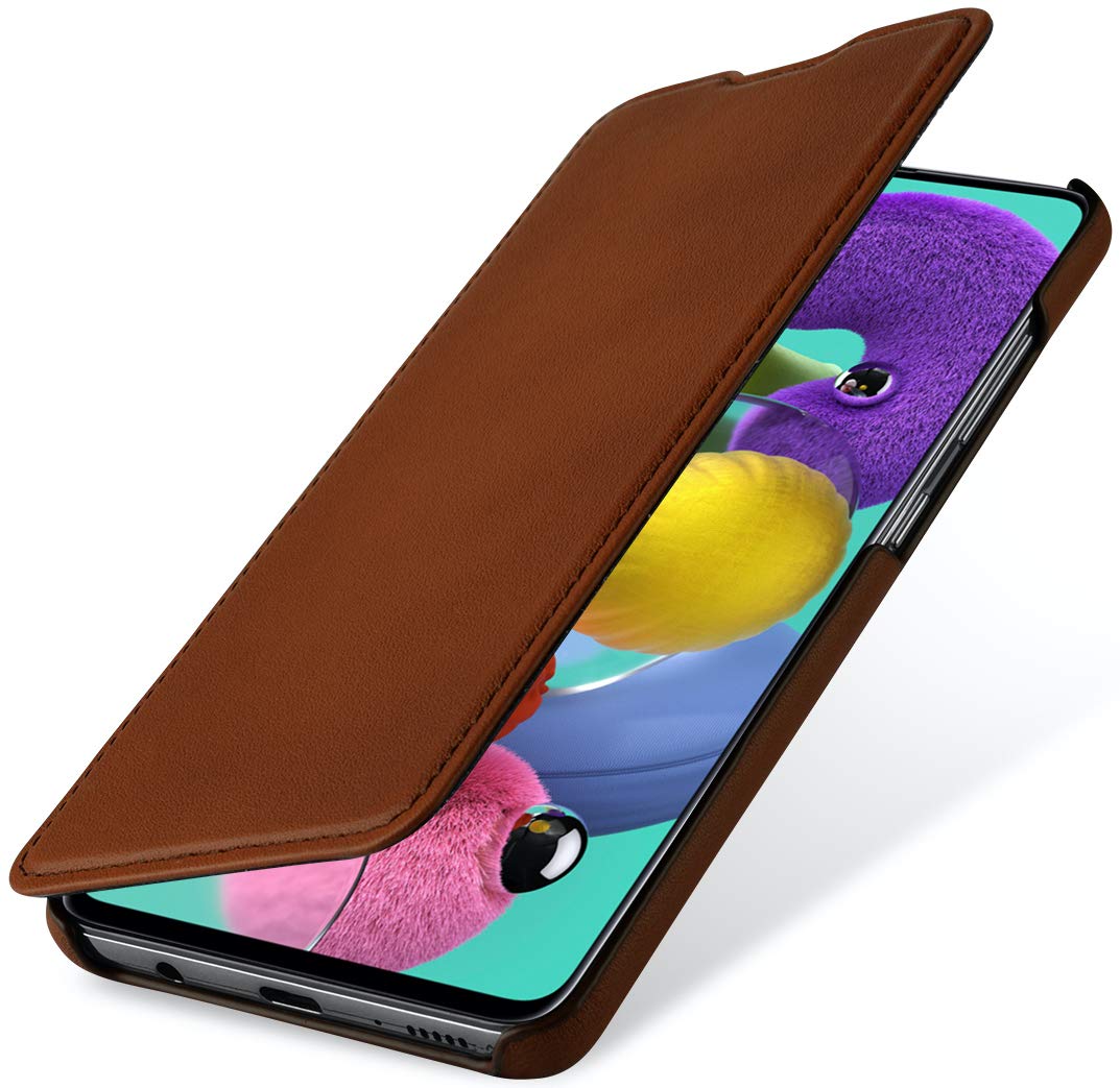 StilGut Book Type Flip Case for Galaxy A51, Genuine Leather Galaxy A51 Case, Antique Brown