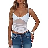 FAIMILORY Women's Ruched Sheer Mesh Cami Top - Spaghetti Strap Deep V Neck Backless Crop Top