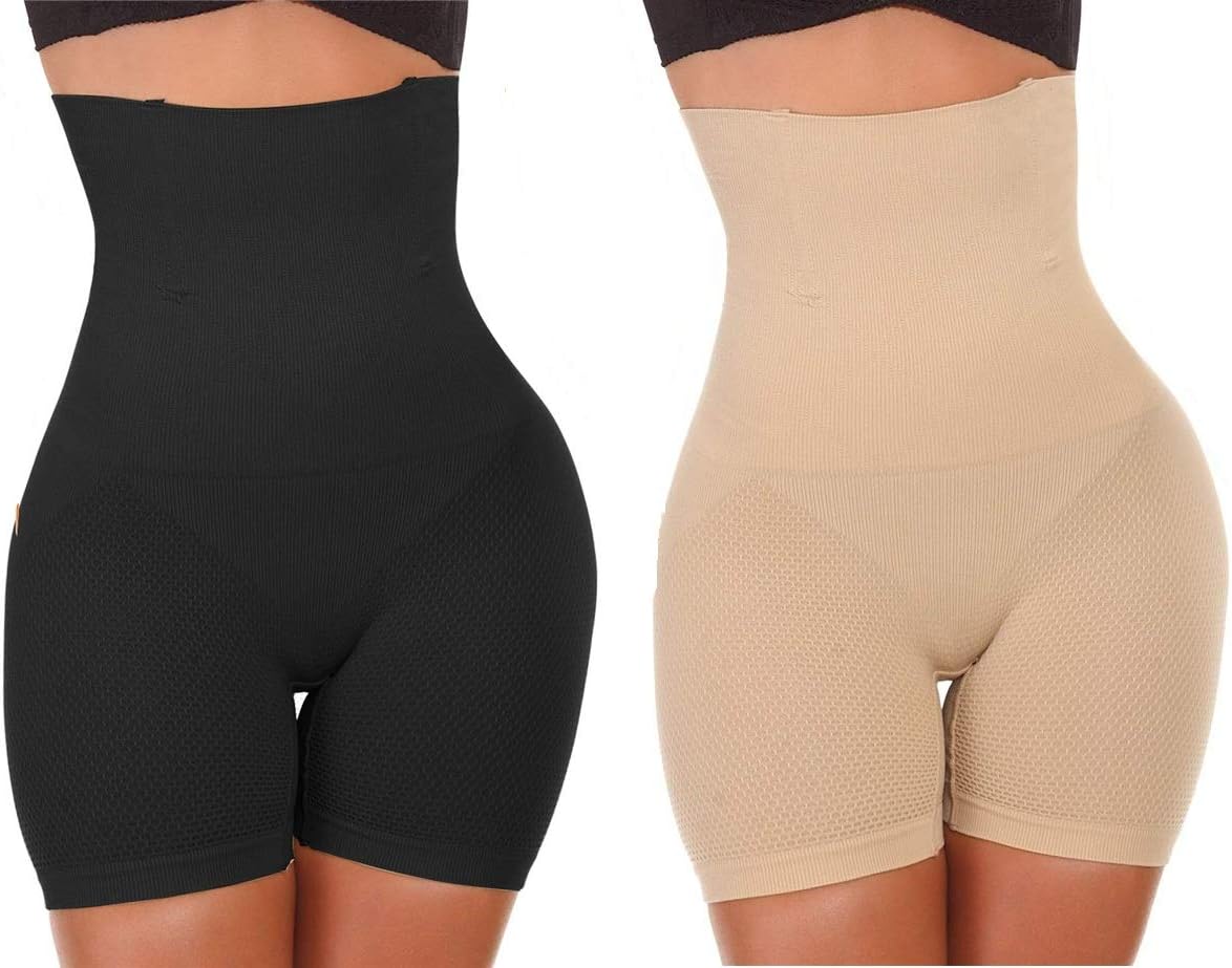 PLUMBURYWomen's Seamless Butt Lifter Waist Trainer Tummy Control High Waist Thigh Shaper Shorts Shapewear (Pack of 2)