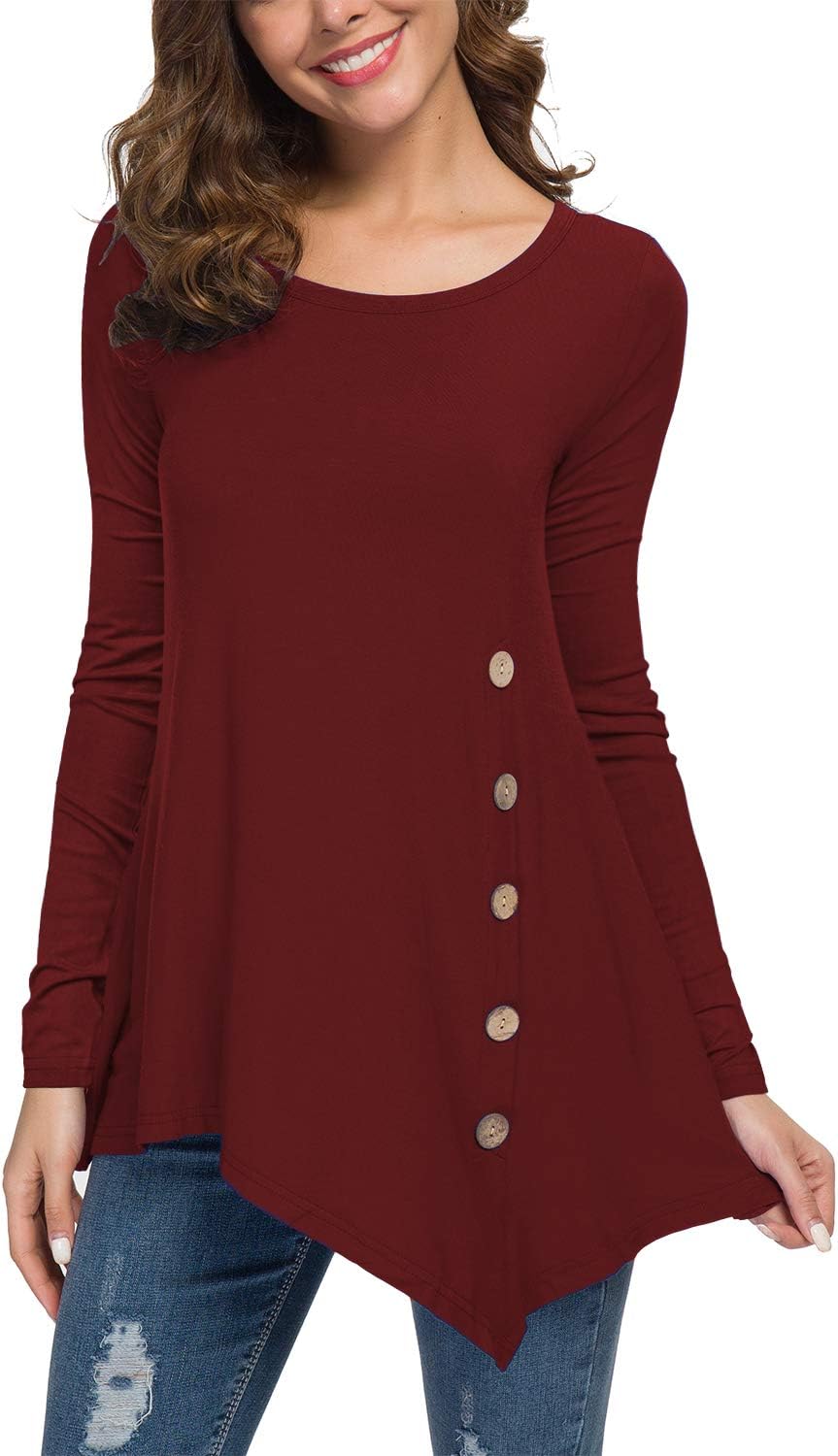 POKWAI Womens Fall Tunic Top Long Sleeve Scoop Neck Button Side Tunic Shirts