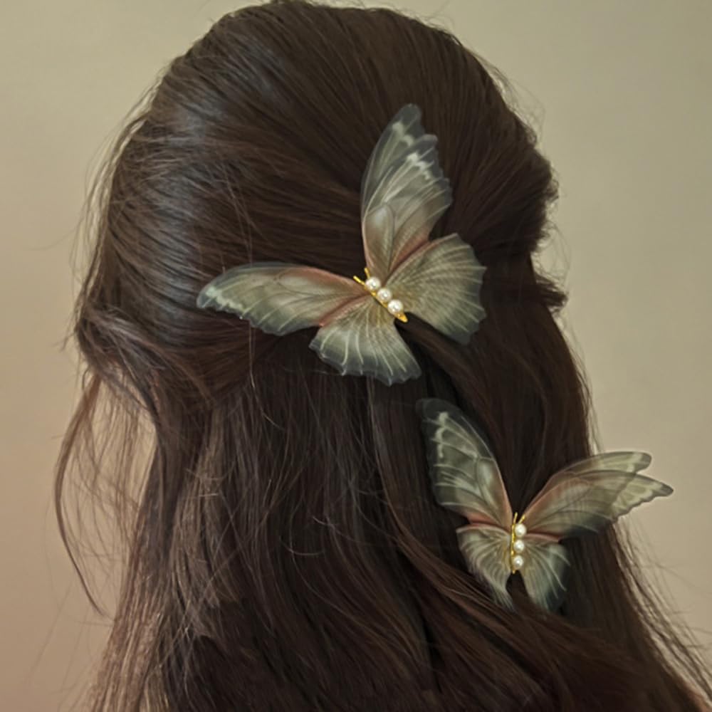 Photo 1 of Jumwrit 2pcs Boho Big Pearl Green Butterfly Hair Barrette 3D Moving Wings Hair Clips Strong Hold Fairy Hairpin Accessories for Women Girls