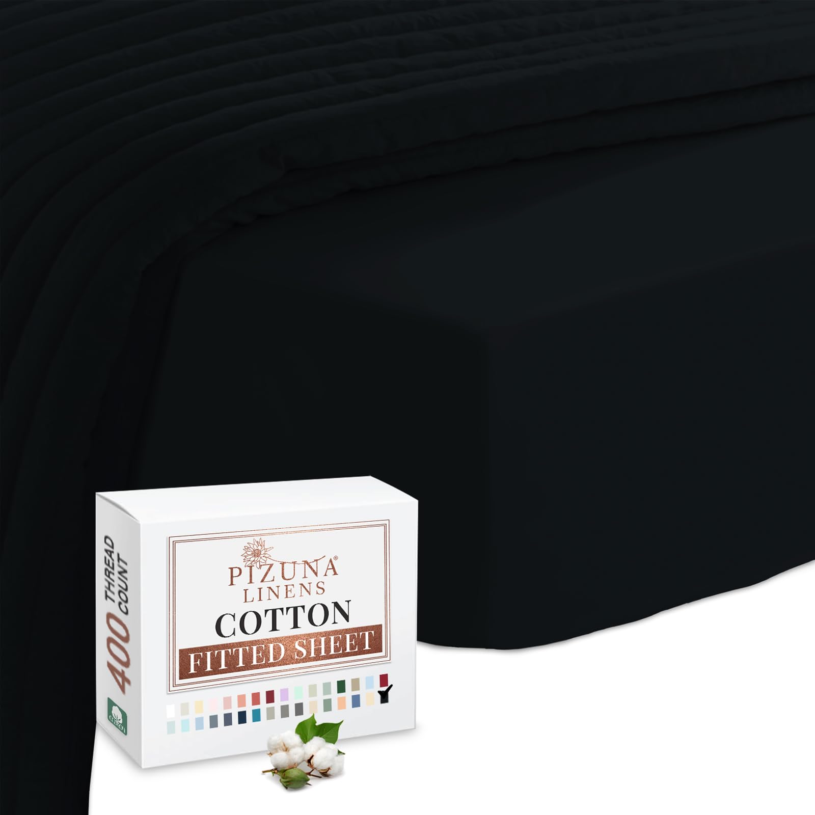 Pizuna 100% Cotton Small Double Fitted Sheet Black, 400 Thread Count Long Staple Cotton Fitted Bed Sheet Small Double 4ft 120x200 cm, Sateen Weave 40cm Deep 4ft Bedsheet 1PC Black — image 1
