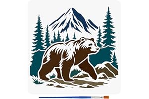 FINGERINSPIRE Wild Bear Stencil with a Brush 11.8x11.8Inch Mountain Forest Painting Stencil Reusable Stone Grass Template Animal Theme Decoration Template for Painting on Wood Wall Floor Furniture