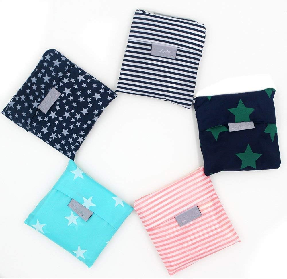 Febbya Shopping Bags Foldable,Reusable Handy Grocery Tote Bags Waterproof 6 Pack Folding Eco-Shopper Bags in a Pouch Stripped Star Large 55 * 35CM Oxford/Nylon