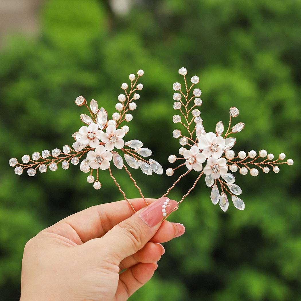 IYOU Bridal Wedding Hair Pins Crystal Flower Rose Gold Hair Pieces Pearl Communion Hair Accessories for Brides and Bridesmaids(Pack of 2)