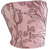 MakeMeChic Women's Floral Sequin Crop Tube Top Sparkly Sleeveless Open Back Y2K Party Tops Clubwear