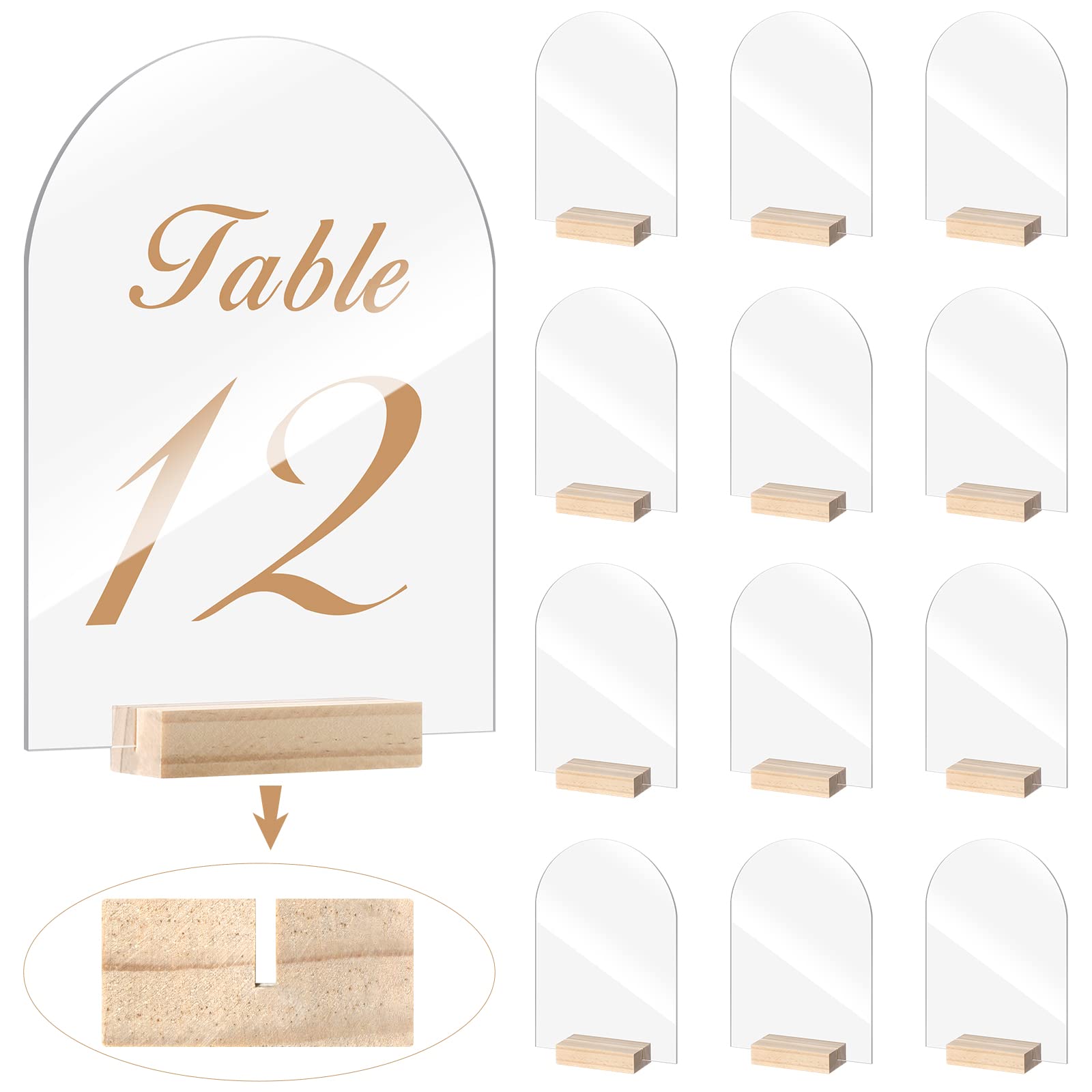 Photo 1 of Yalikop 12 Pack Acrylic Sign Holder with Wood Base DIY Signs Acrylic Table Numbers Modern Signs Plaque Vertical Table Decor for Wedding, Restaurant, Store, Office, Hotel(4 x 6 Inch)