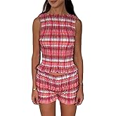 RUEWEY Women Gingham Pajama Set Plaid Sleeveless Smocked Shirred Slim Fit Tank Top Pleated Shorts 2 Piece Lounge Set