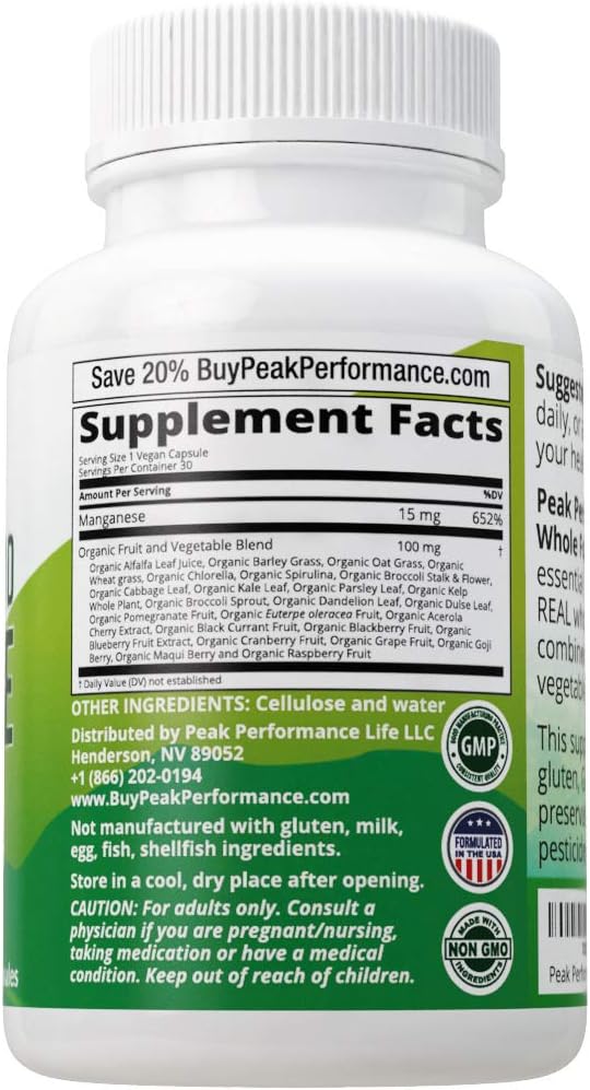 Raw Whole Food Manganese Supplement - Pure Trace Mineral Capsules for Connective Tissue, Bone Health and Enzyme Support. Blended with 25+ Organic Vegetables and Fruits. Superior Absorption. 30 Pills: Health & Personal Care