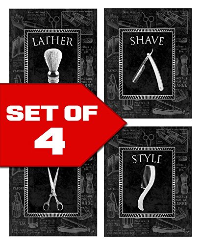 Black-on-Black Vintage Barbershop Theme! Lather, Shave, Trim, Style! Four Stylish 8x10 Mens Wall Decor Art Prints Set Great for Bathroom, Barbershop, Bachelor Pad Designed Exclusively for Wallables!