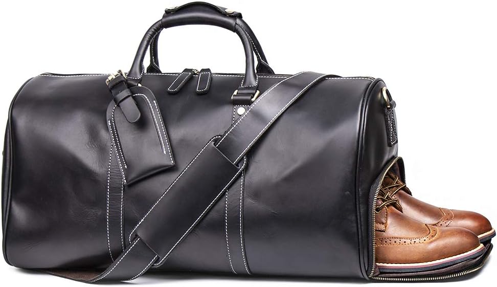Leathfocus Leather Travel Luggage Bag, Mens Duffle Retro Carry on Handbag (Black)