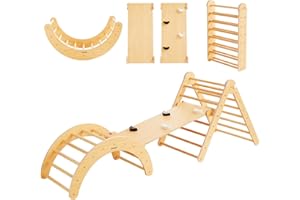 Beright 5 In1 Pikler Triangle Gym, Foldable Climbing Triangle Ladder Toys with Ramp, Indoor Climbing Toys for Kids, Play Gym, Arch Climber, Rocker, Learning Waldorf Children Toy Structure, Natural