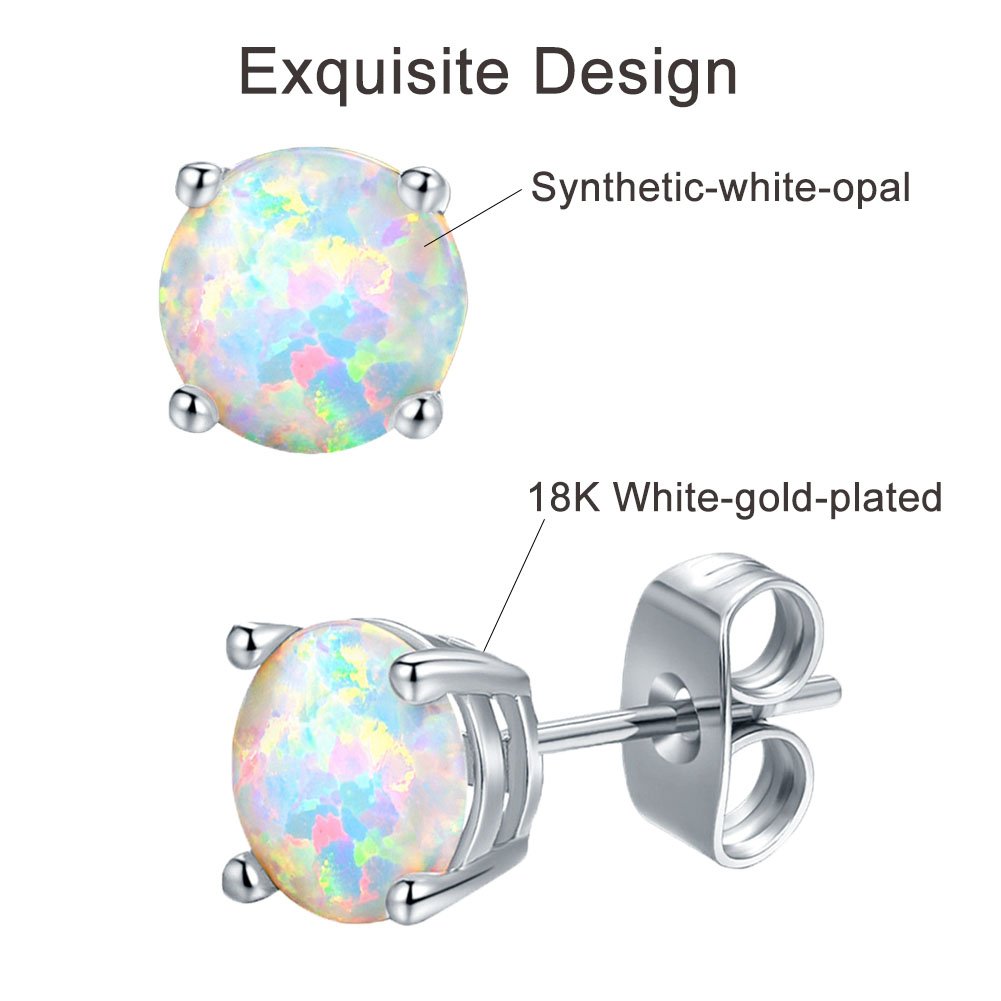 VOLUKA 18K White Gold Plated Opal Stud Earrings for Womens Sensitive Ears 3 Pairs 3/5/7mm