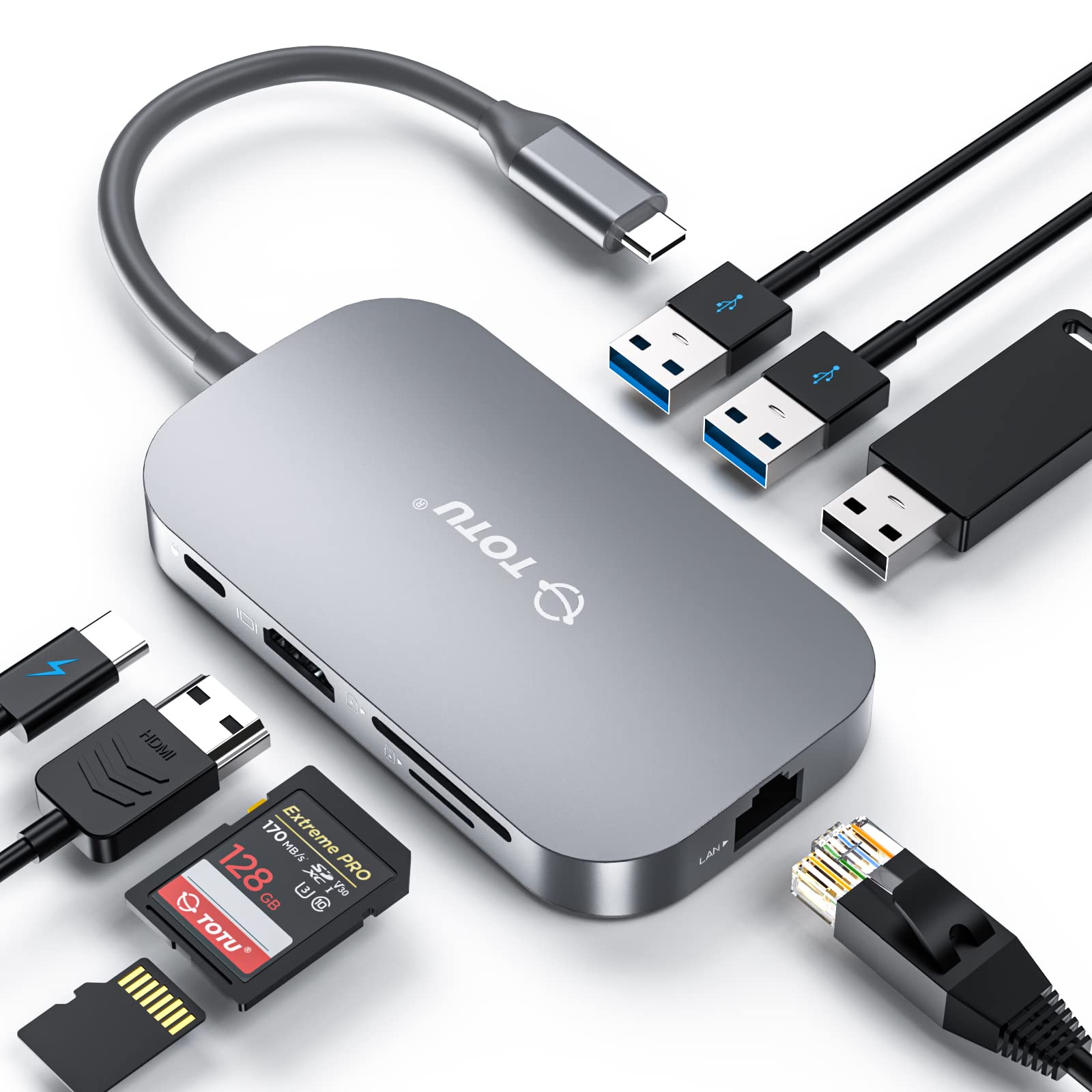 TOTU 8-in-1 Type C Hub with 4K USB C to HDMI, 2 USB 3.0 Ports, USB 2.0 Port, SD/TF Card Reader, Compatible with MacBook Pro Air and Type C Laptops, Grey (TT-HB001C)