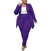 Women's Plus Size 2 Piece Outfits Open Front Blazer and High Waisted Long Pant Suit Set Business Loungewear