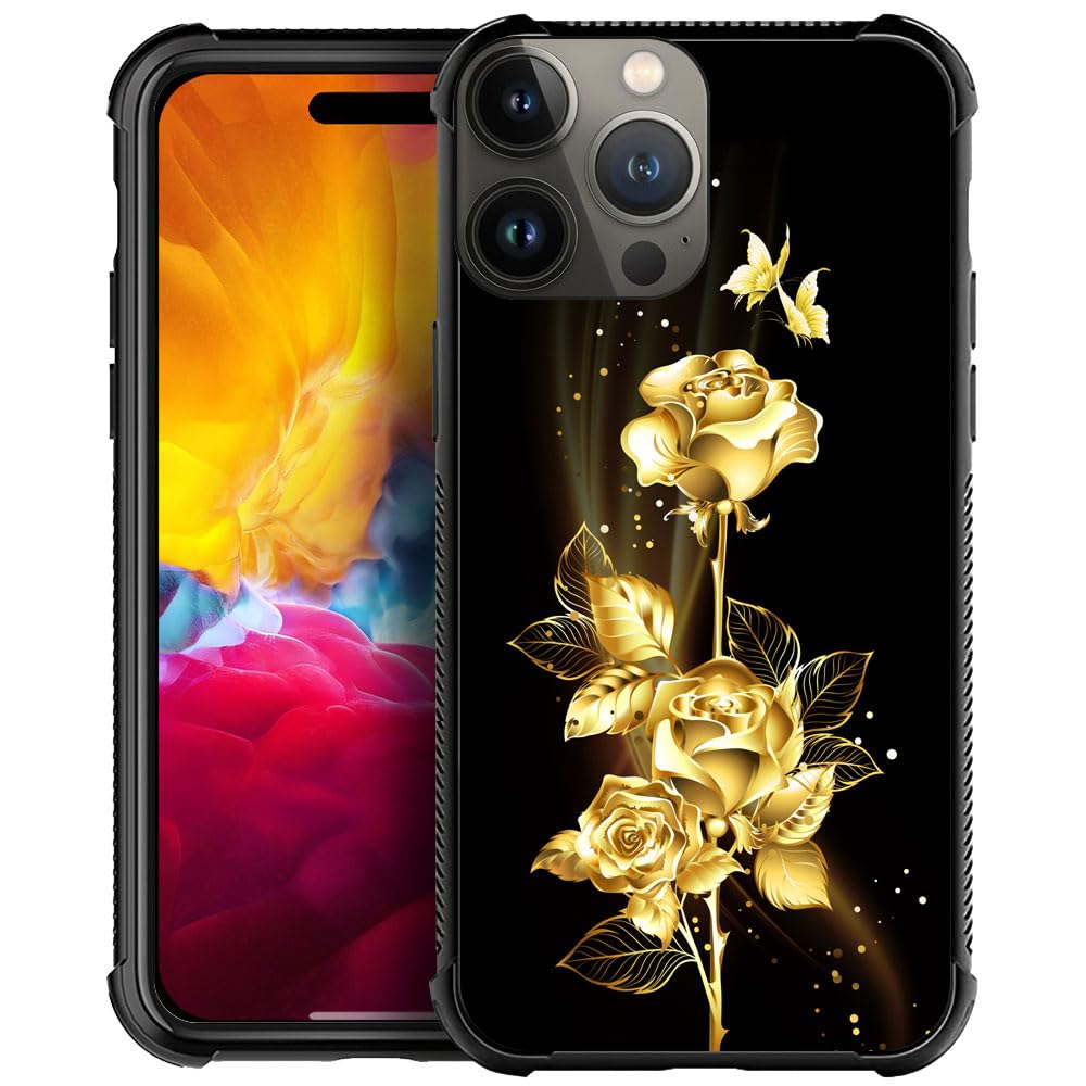 DJSOK Compatible with iPhone 15 Pro Case，Design Pattern Back Bumper Anti Scratch Reinforced Corners Soft TPU Caver,Cases for Men Women-Golden Butterfly Rose Flower