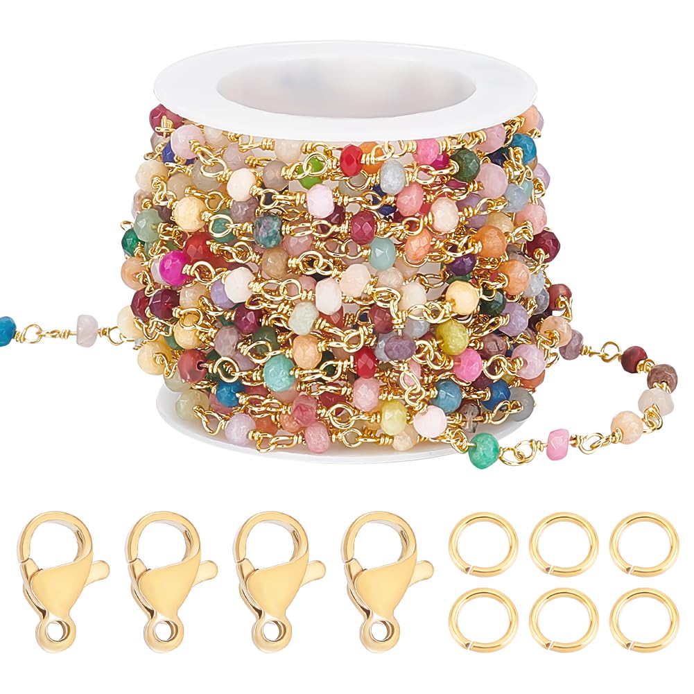 Beebeecraft 16.4 Feet Jewelry Chain Handmade Natural Dyed Jade Bead Chains Bar Cable Link Necklace with 10Pcs Lobster Clasps and 30Pcs Jump Ring for Jewellery Making DIY Bracelets Accessories